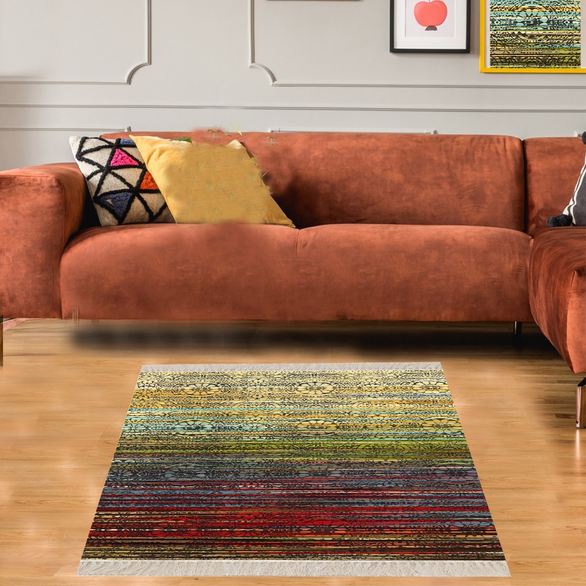 Kilim Desenli Etnik Dijital Baskı Yıkanabilir Kaymaz Taban Modern Salon Halı ve Yolluk