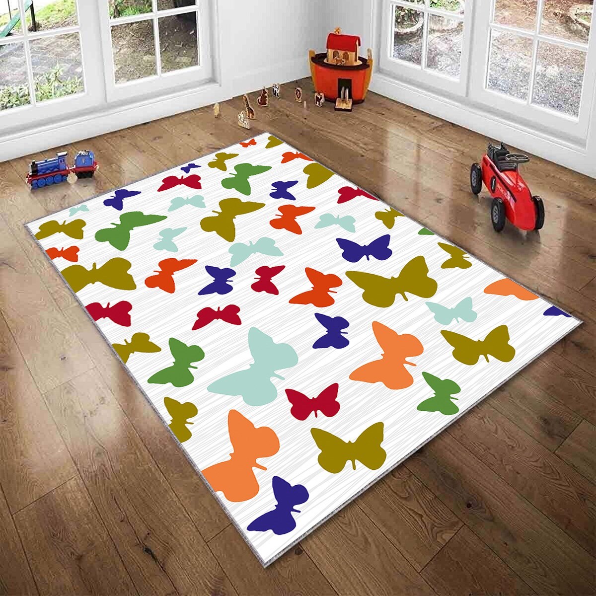 Gri Rengarenk Kelebek Desenli Yıkanabilir Kaymaz Taban Leke TutmazBebek ve Çocuk Odası Halısı