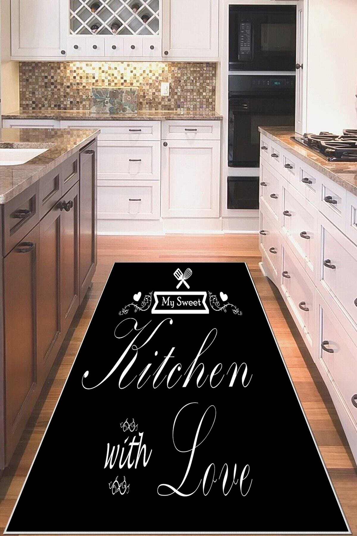 Siyah Zemin My Sweet Kitchen Temalı Yıkanabilir Kaymaz Taban Leke Tutmaz Modern Mutfak Halısı