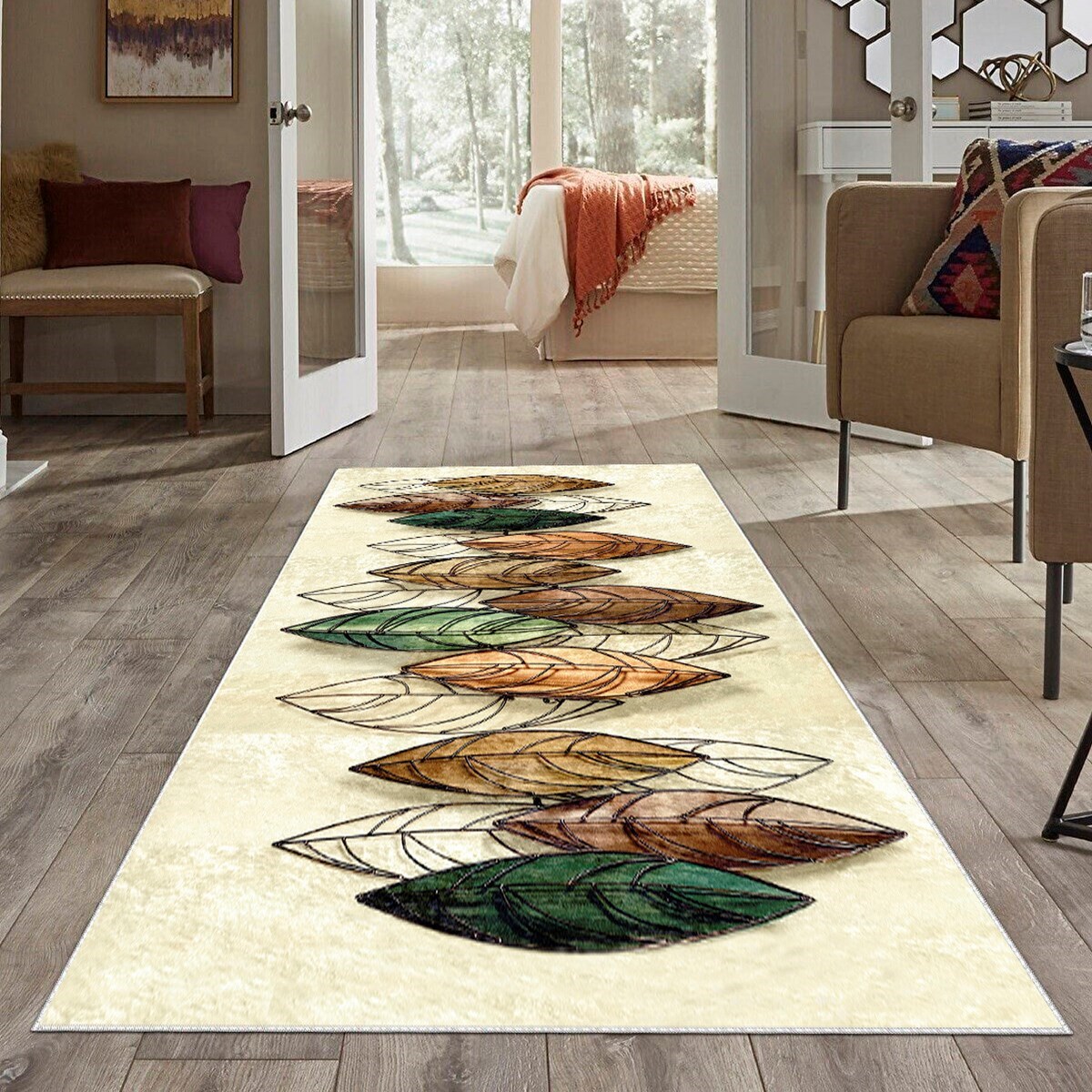 Krem Zemin Yaprak Desenli Yıkanabilir Kaymaz Taban Leke Tutmaz Modern Salon Halısı ve Yolluk