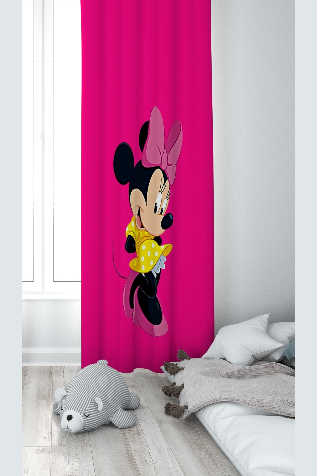 Pembe Minnie Mouse Desenli Dijital Baskı Yıkanabilir Bebek Çocuk Odası Fon Perdesi