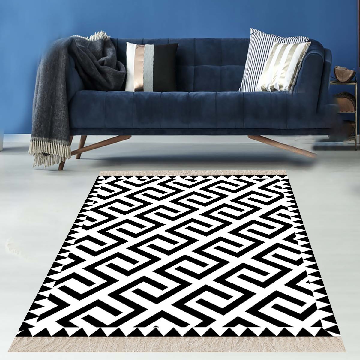 Geometrik Çizgi Desenli Dijital Baskı Yıkanabilir Kaymaz Taban Etnik Kilim Desen Salon Halı