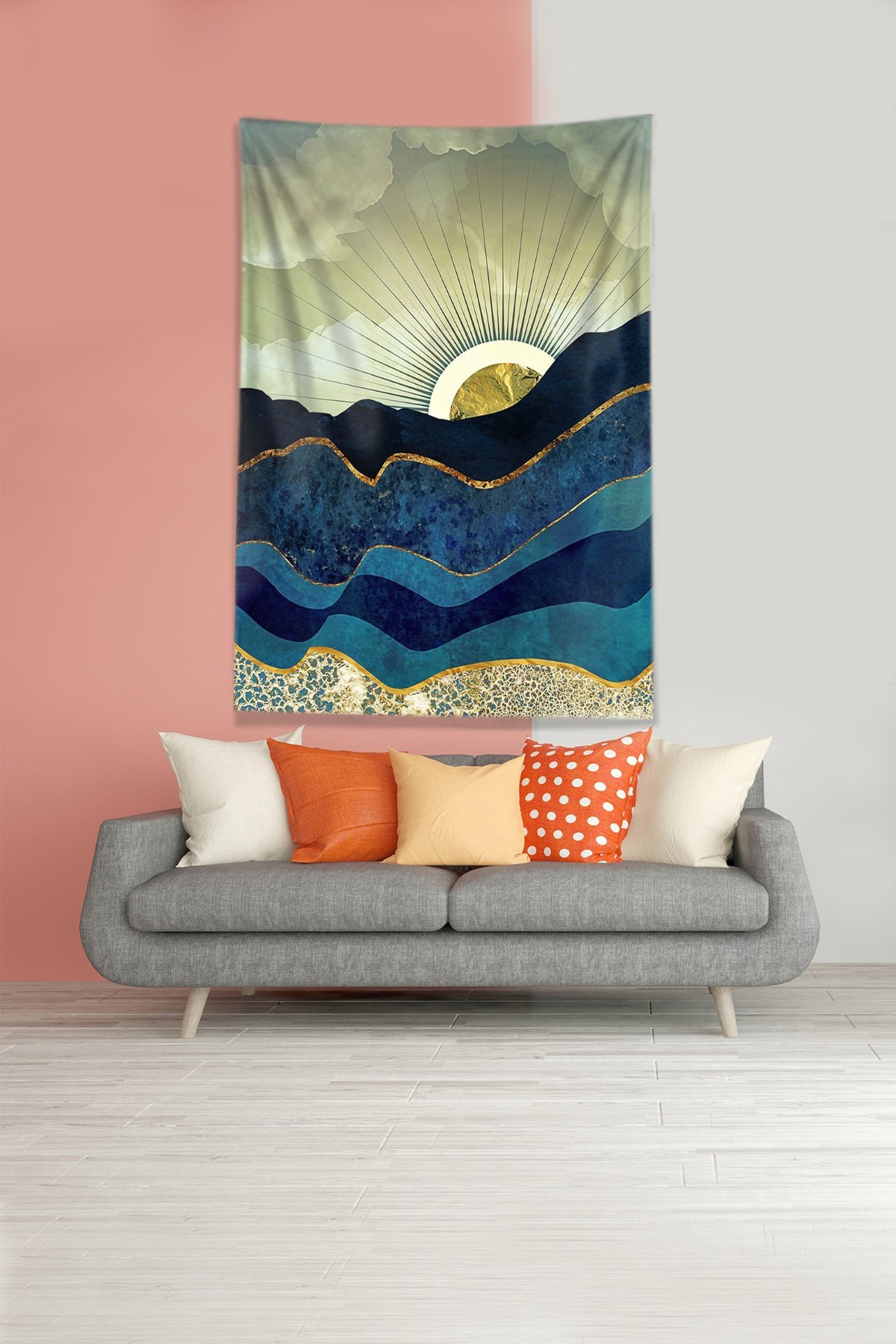 Sarı Güneşin Doğuşu Sunset Leke Tutmaz Kadife Kumaş Duvar Örtüsü Duvar Halısı Tapestry