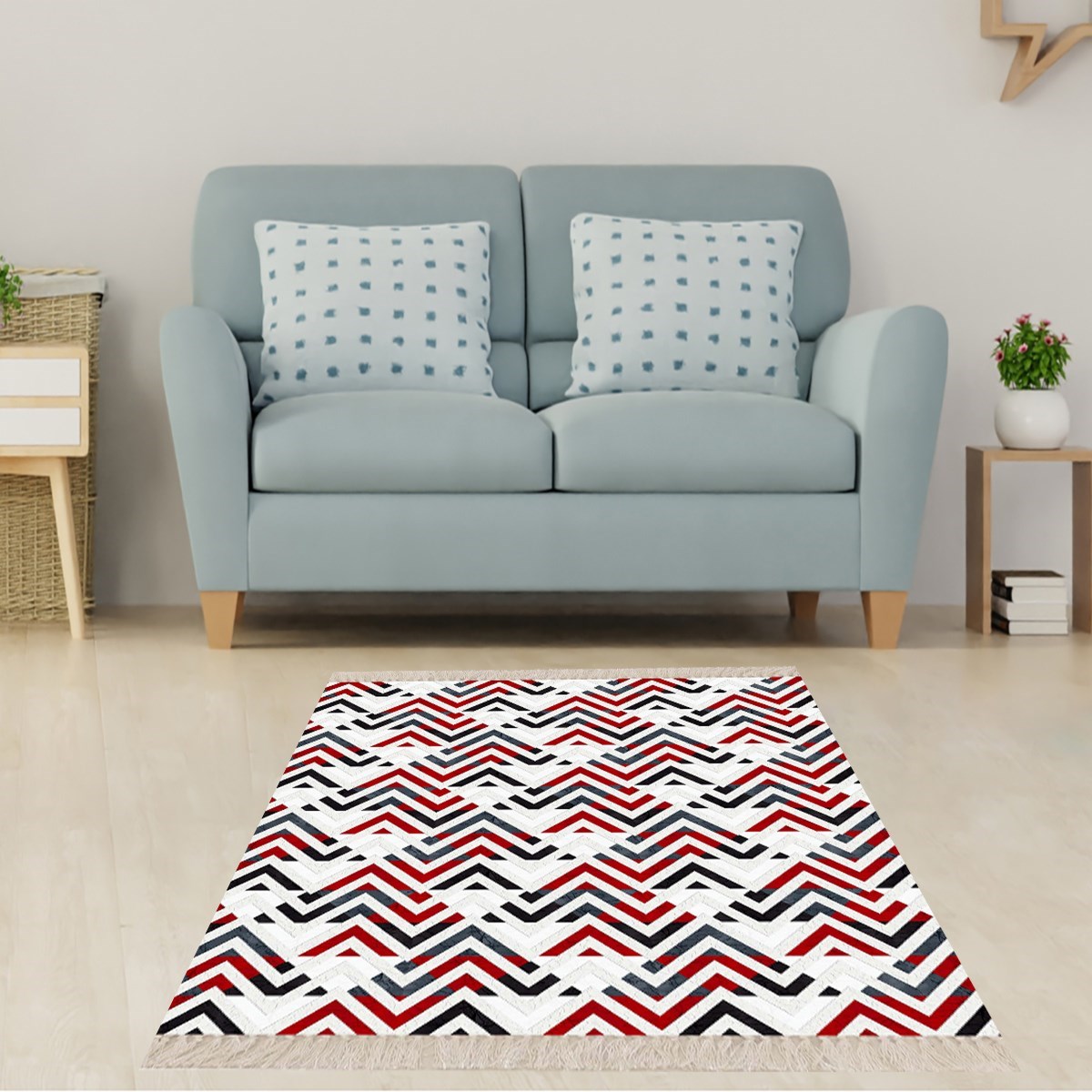 Geometrik Zigzag Desenli Dijital Baskı Yıkanabilir Kaymaz Taban Klasik Salon Halısı