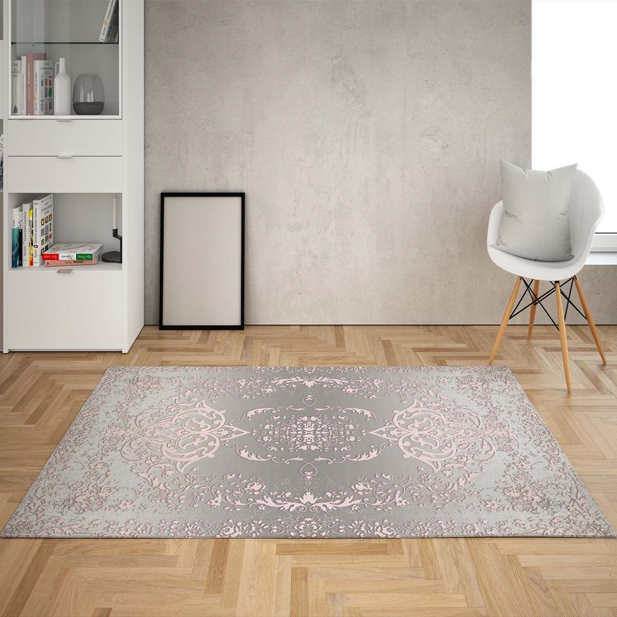 Osmanlı Desen Çerçeveli Dijital Baskı Yıkanabilir Kaymaz Taban Klasik Salon Halısı ve Yolluk (Gri)