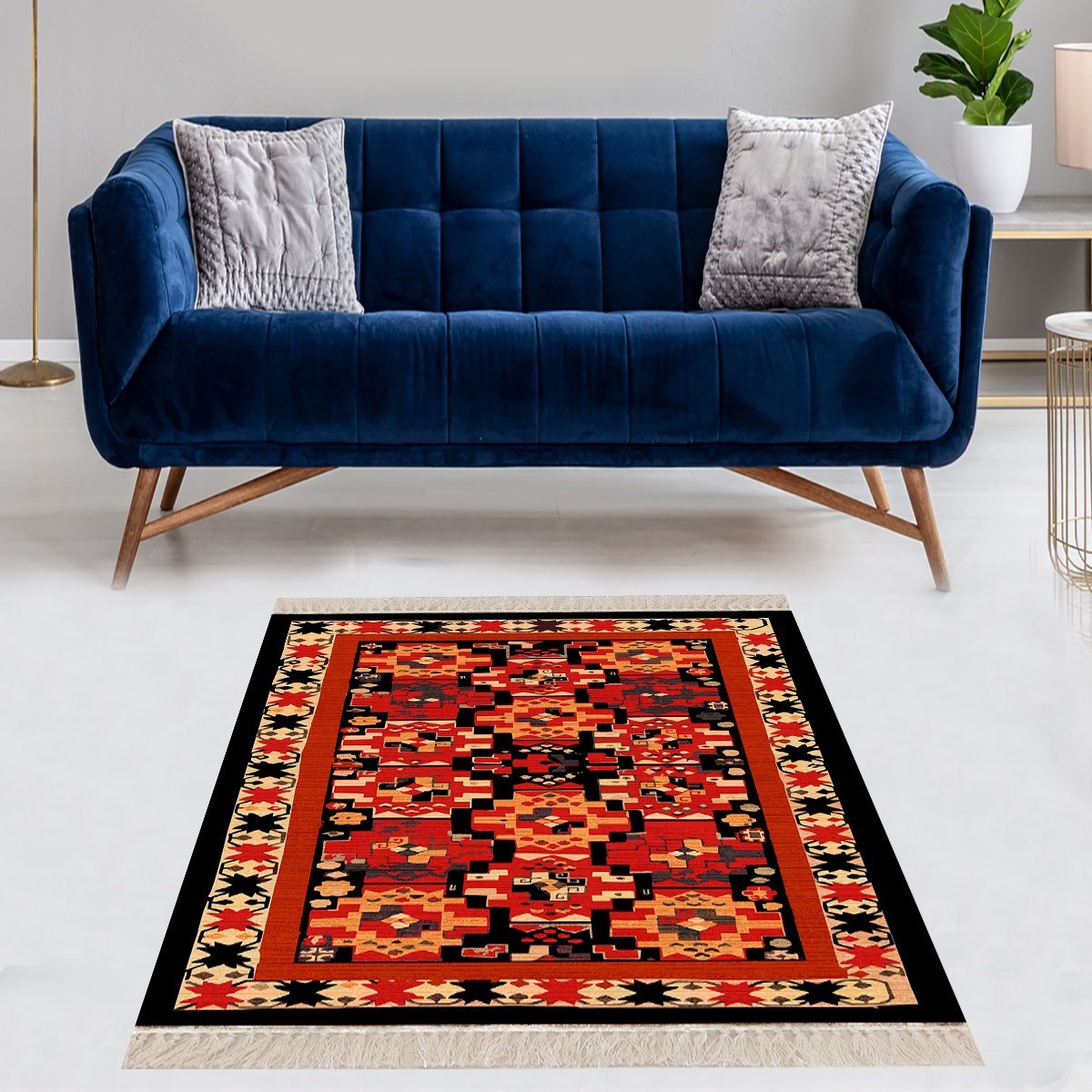 Kilim Desenli Etnik Dijital Baskı Yıkanabilir Kaymaz Taban Eskitme Salon Halı ve Yolluk