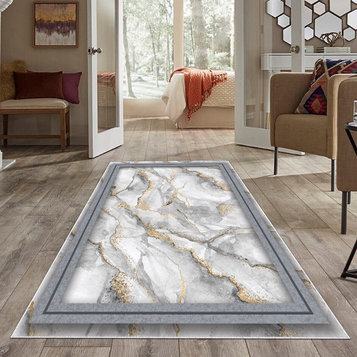Beyaz Mermer Desenli Çerçeveli Yıkanabilir Kaymaz Taban Leke Tutmaz Modern Salon Halısı ve Yolluk