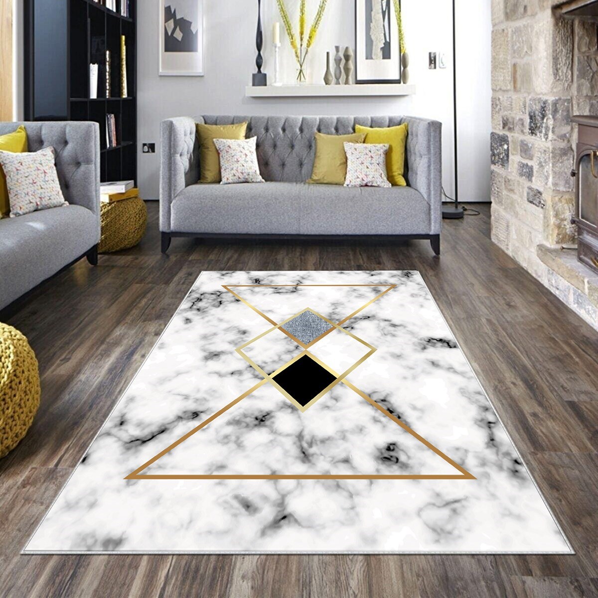 Beyaz Mermer Desenli Gold Detay Yıkanabilir Kaymaz Taban Leke Tutmaz Modern Salon Halısı ve Yolluk