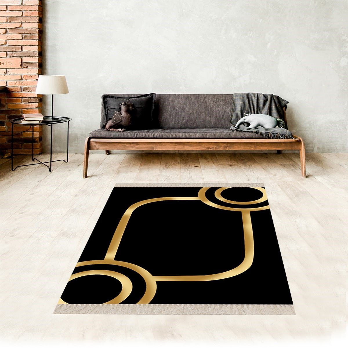 Geometrik Desenli Gold Çerçeve Dijital Baskı Yıkanabilir Kaymaz Taban Modern Salon Halısı ve Yolluk