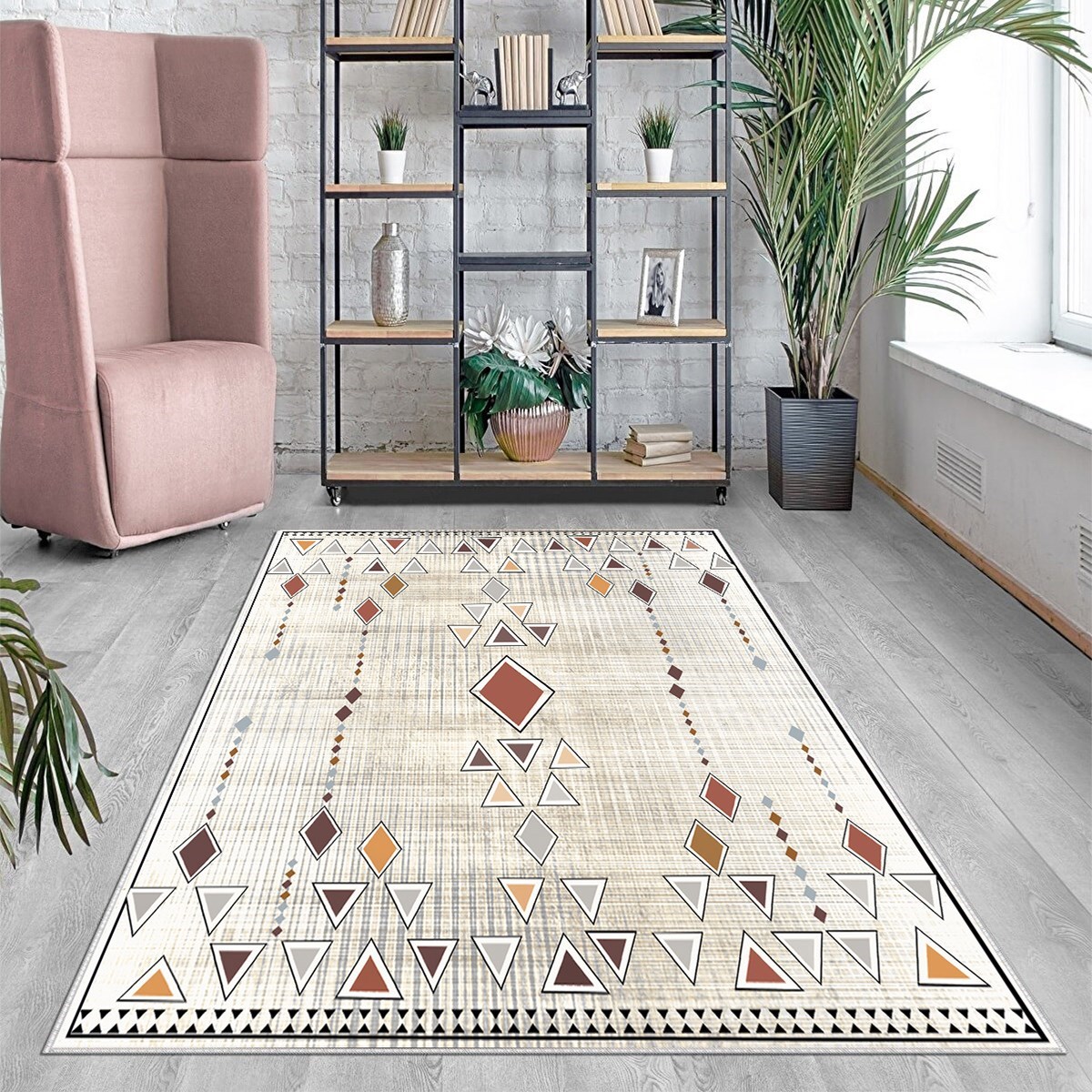 Geometrik Karo Renkli Bohem Dijital Baskı Yıkanabilir Kaymaz Taban Etnik Kilim Desen Salon Halısı