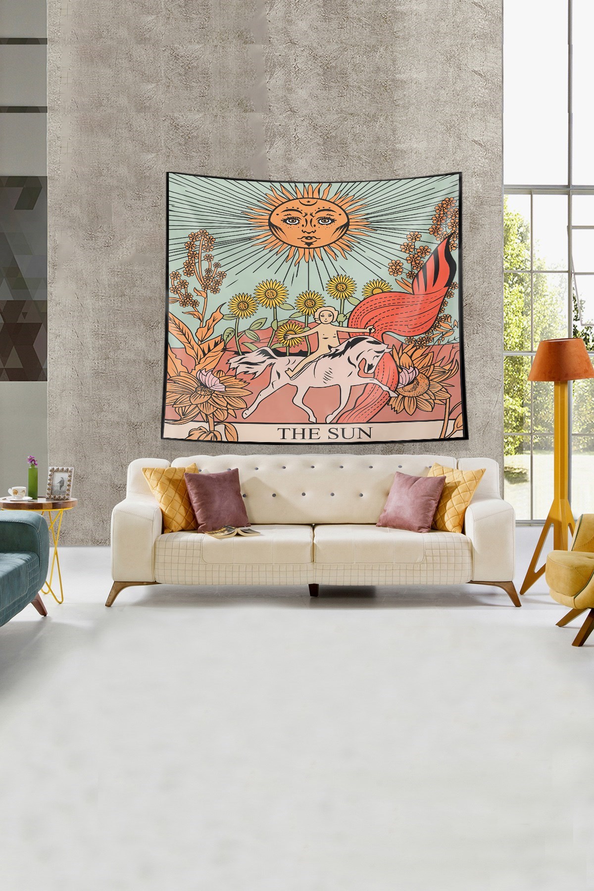 Bej The Sun Tarot Kartı Leke Tutmaz Kadife Kumaş Duvar Örtüsü Duvar Halısı Tapestry