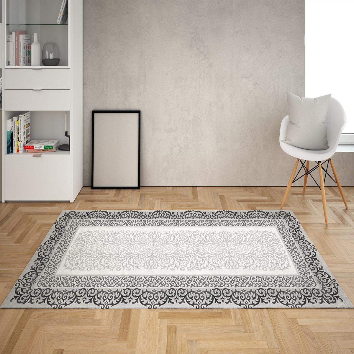 Osmanlı Motifler Desenli Dijital Baskı Yıkanabilir Kaymaz Taban Klasik Salon Halı ve Yolluk (Gri)