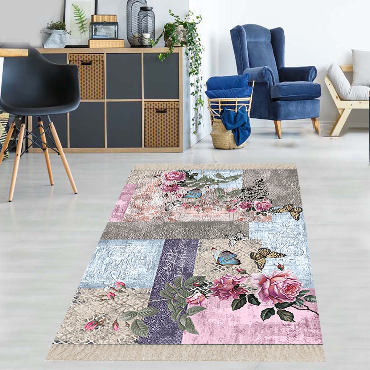 Gül Kelebek Patchwork Desenli Dijital Baskı Yıkanabilir Kaymaz Taban Vintage Salon Halısı ve Yolluk