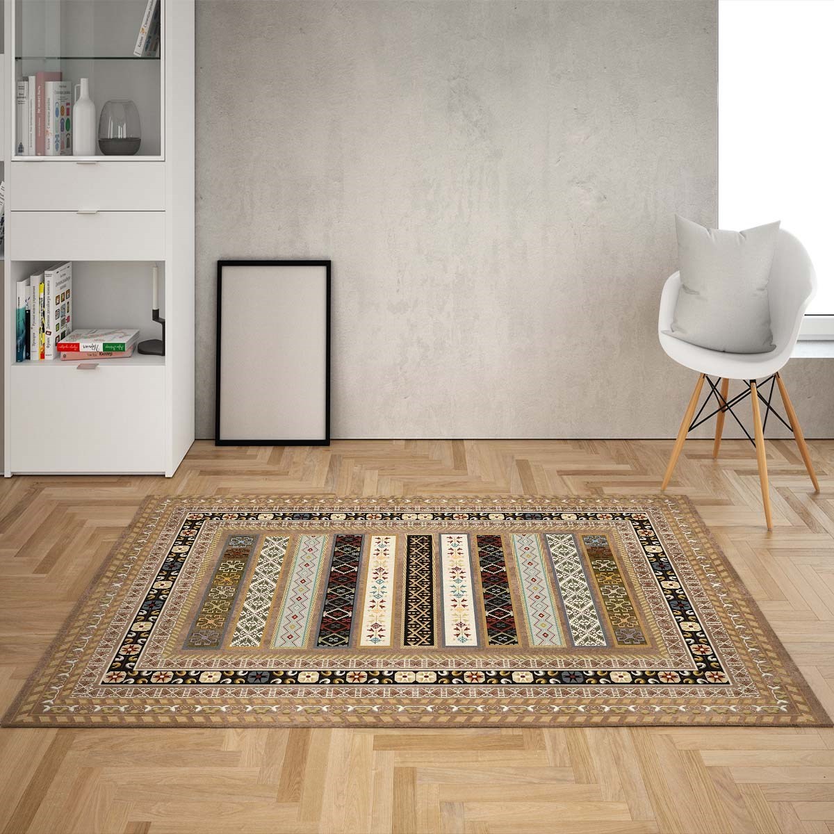 Kilim Desenli Dijital Baskı Yıkanabilir Kaymaz Taban Etnik Salon Halısı ve Yolluk(Vizon)