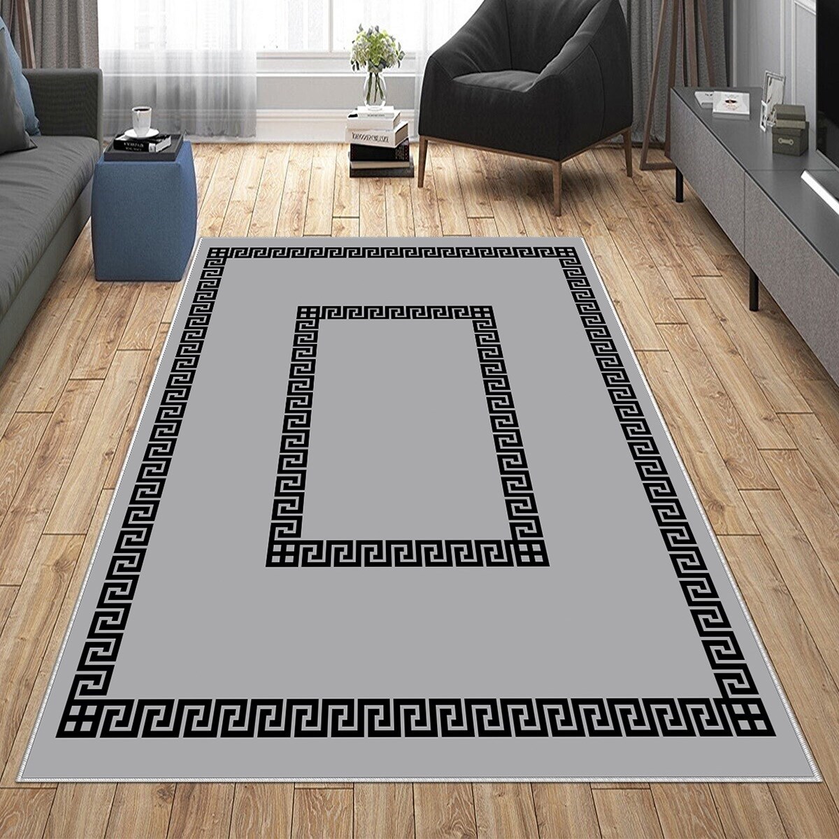 Gri Desenli Siyah Kenarlı Yıkanabilir Kaymaz Taban Leke Tutmaz Modern Salon Halısı ve Yolluk