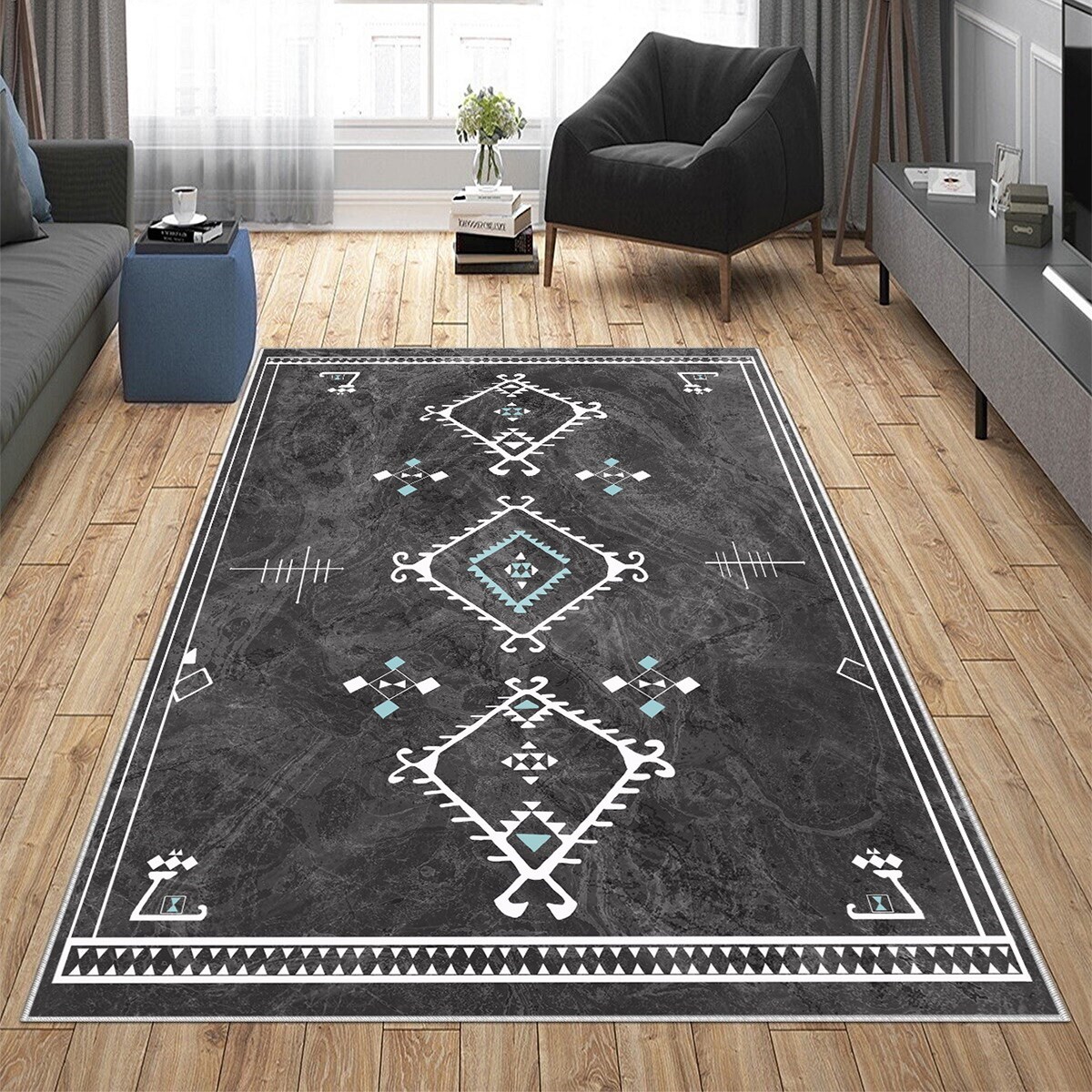 Gri Zemin Bohem Etnik Kilim Desen Yıkanabilir Kaymaz Taban Leke Tutmaz Modern Salon Halısı ve Yolluk