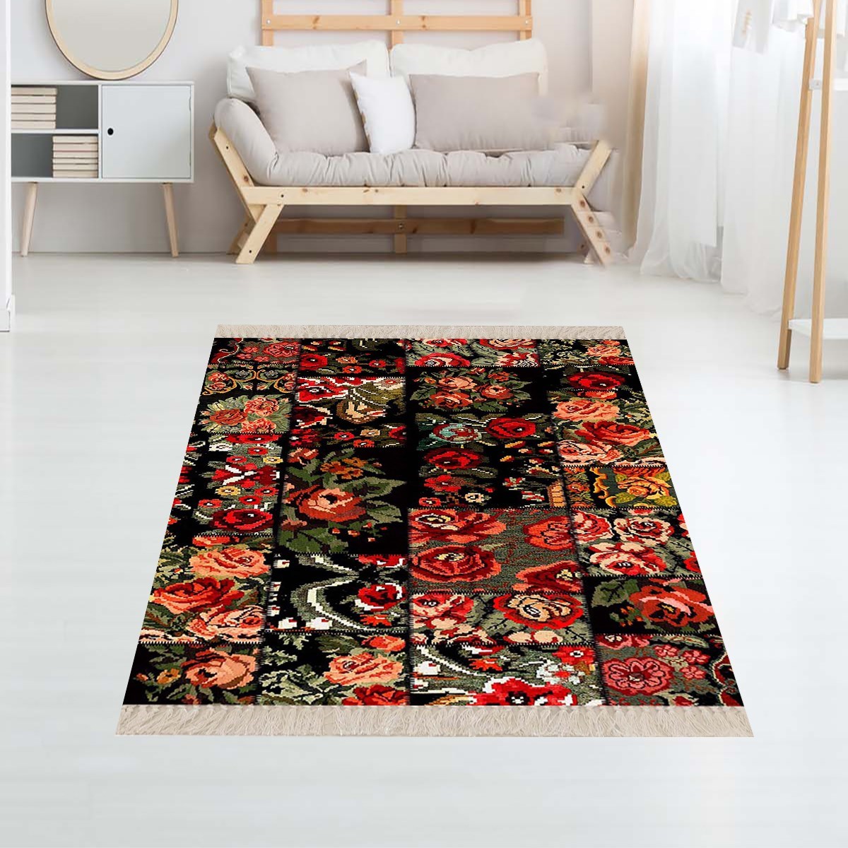 Patchwork Gül Desenli Dijital Baskı Yıkanabilir Kaymaz Taban Kilim Model Modern Salon Halısı