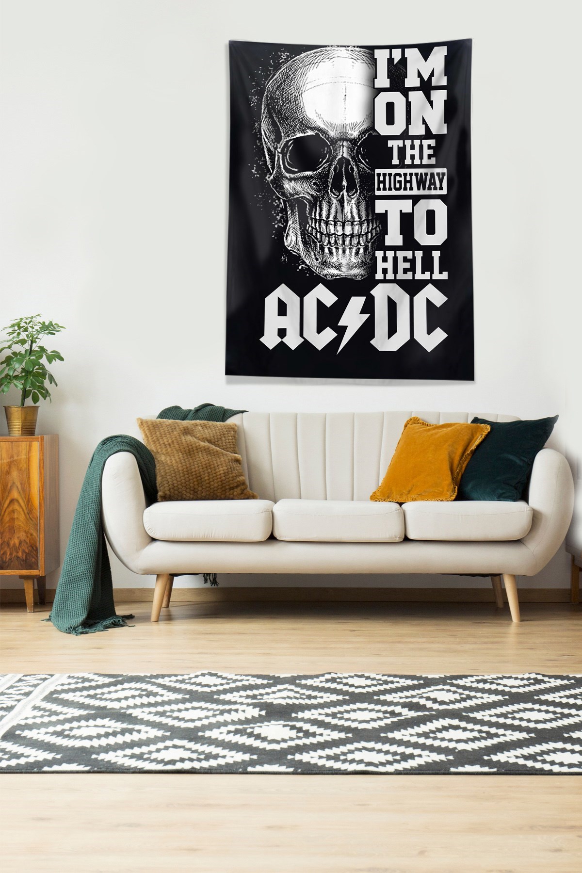 Siyah AC DC Highway to Hell Leke Tutmaz Kadife Kumaş Duvar Örtüsü Duvar Halısı Tapestry