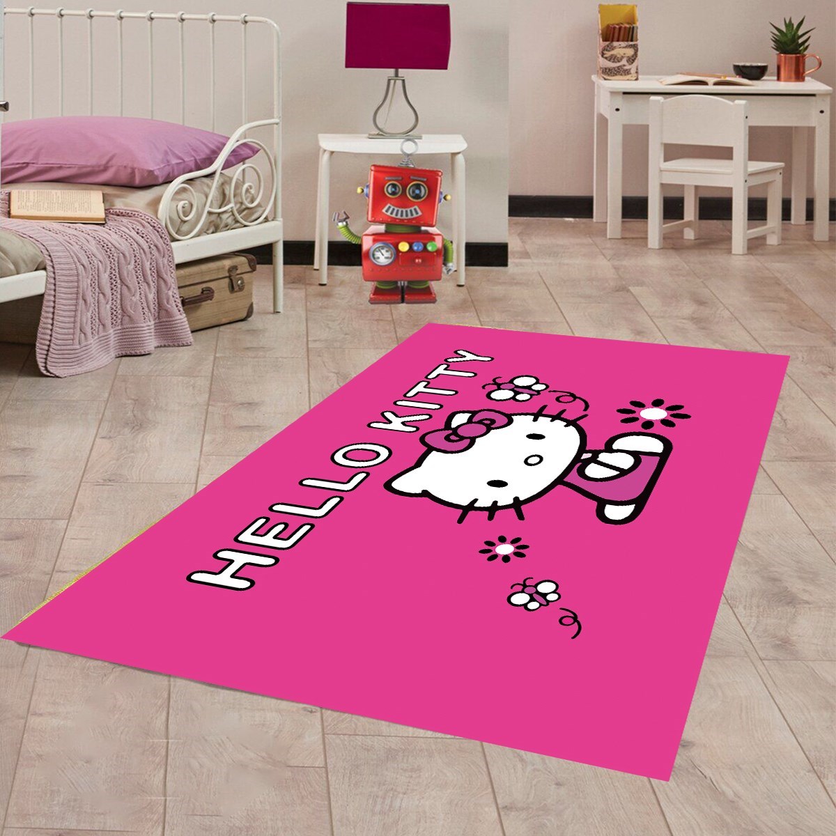 Hello Kitty Kedi Desenli Kedili Halı Dijital Baskı Yıkanabilir Kaymaz Taban Çocuk Odası Halısı