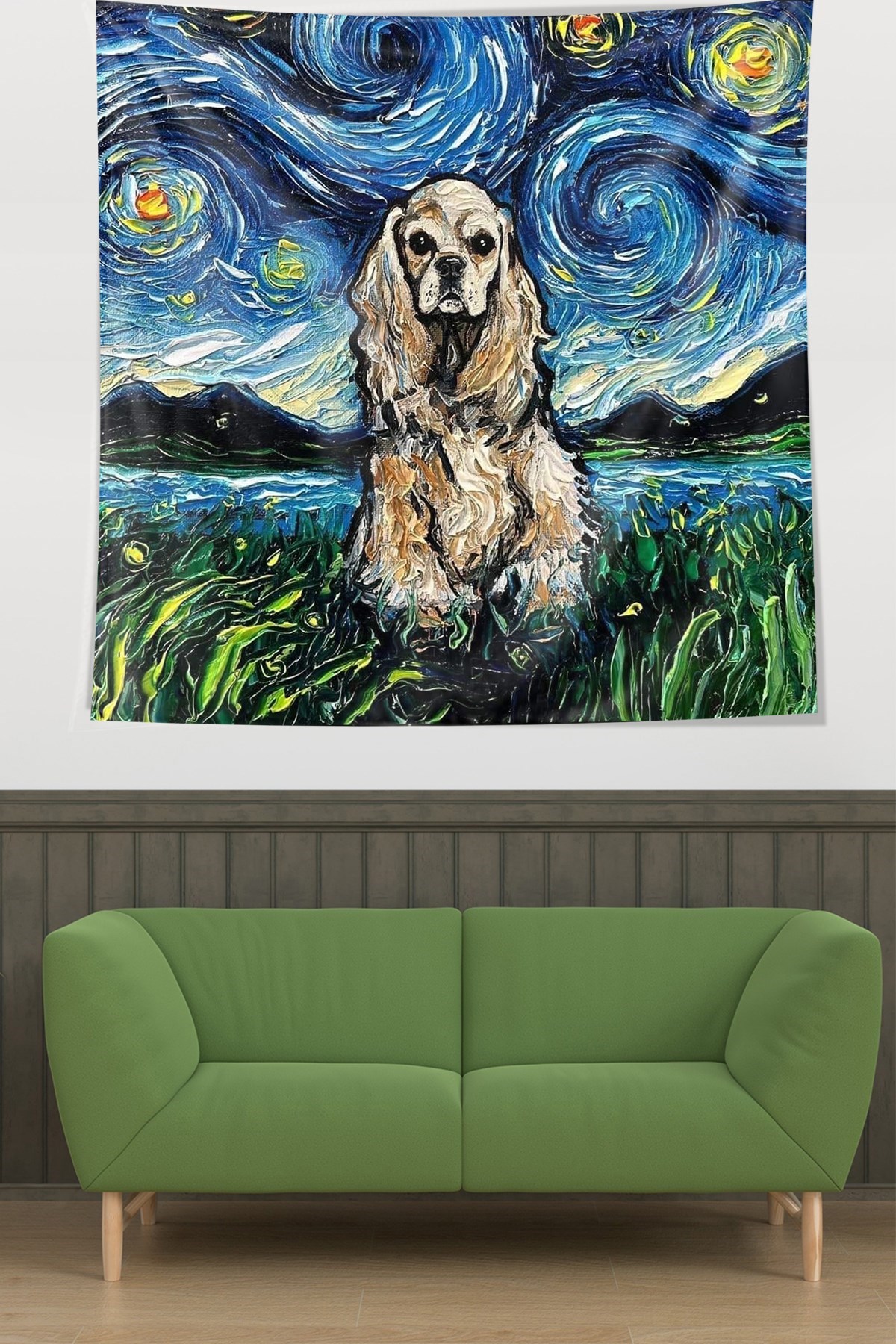 Van Gogh Yıldızlı Geceler İçinde Sevimli Köpek Leke Tutmaz  Kumaş Duvar Örtüsü Duvar Halısı Tapestry