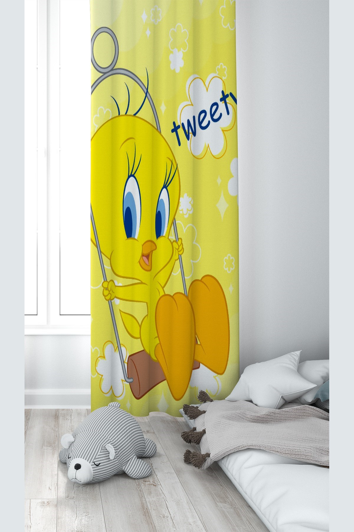 Tweety Desenli Dijital Baskı Yıkanabilir Bebek Çocuk Odası Fon Perdesi