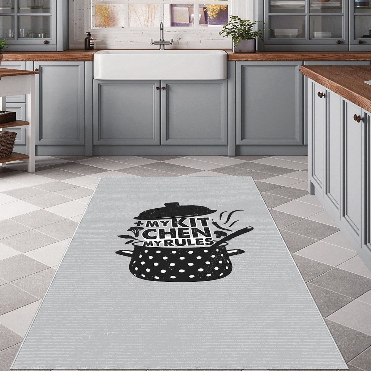 Gri My Kitchen Tencere Desenli Yıkanabilir Kaymaz Taban Leke Tutmaz Modern Salon Halısı ve Yolluk