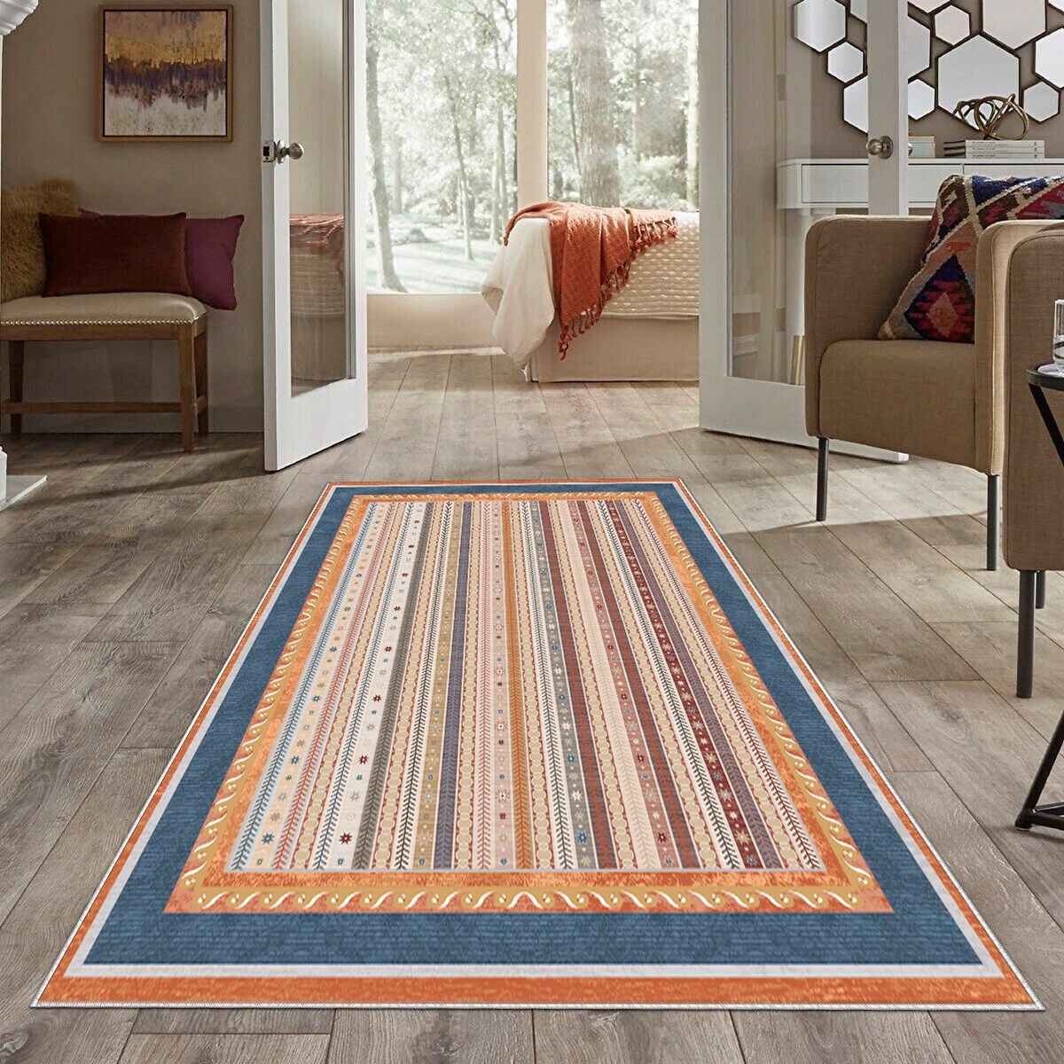 Vizon Kilim Desenli Mavi çerçeve Yıkanabilir Kaymaz Taban Leke Tutmaz Modern Salon Halısı ve Yolluk