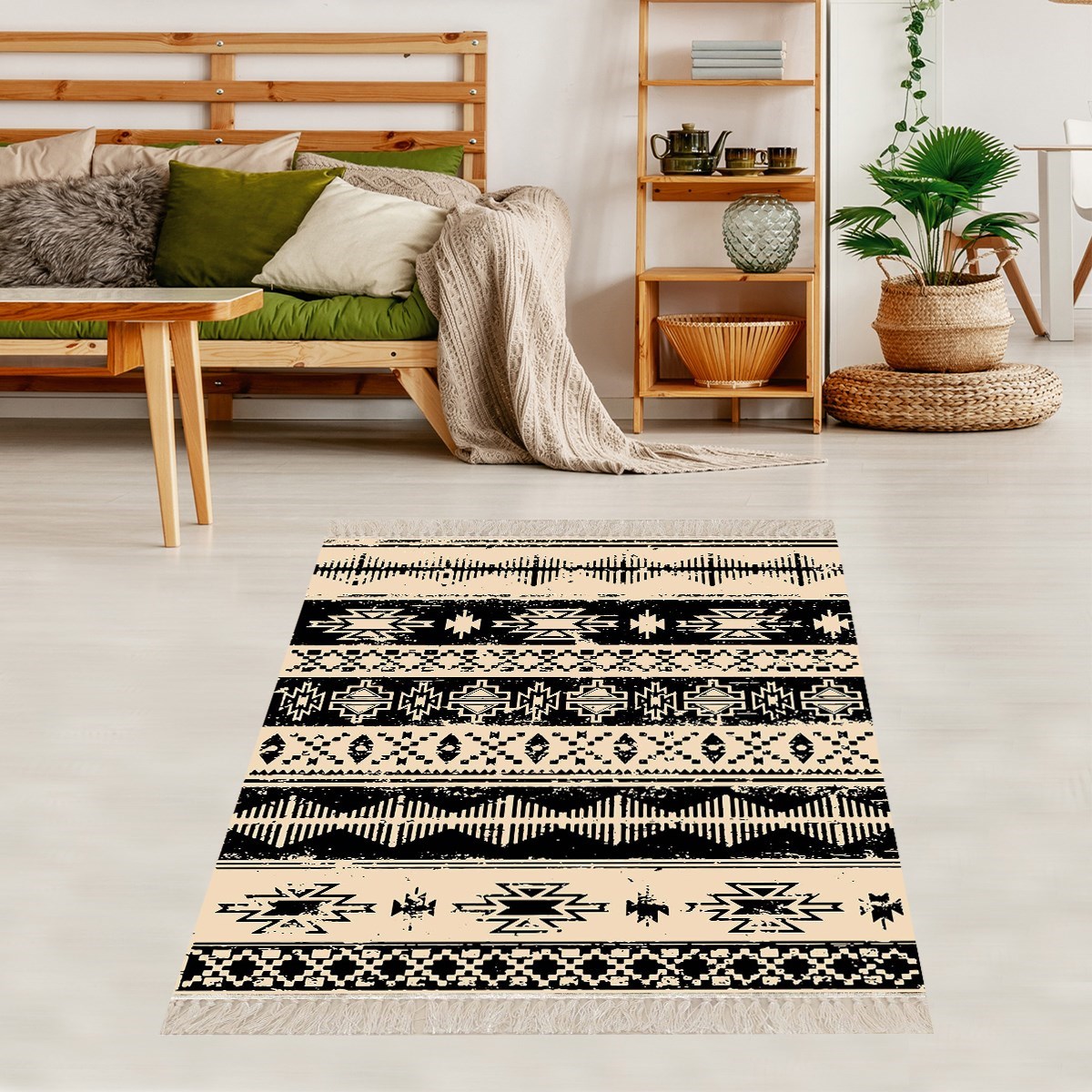 Kilim Desenli Etnik Dijital Baskı Yıkanabilir Kaymaz Taban Modern Salon Halı ve Yolluk