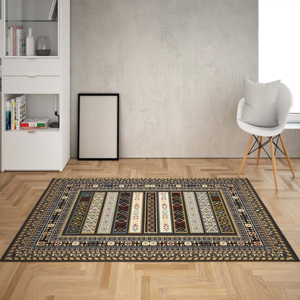 Kilim Desenli Dijital Baskı Yıkanabilir Kaymaz Taban Etnik Salon Halısı ve Yolluk(KGri)