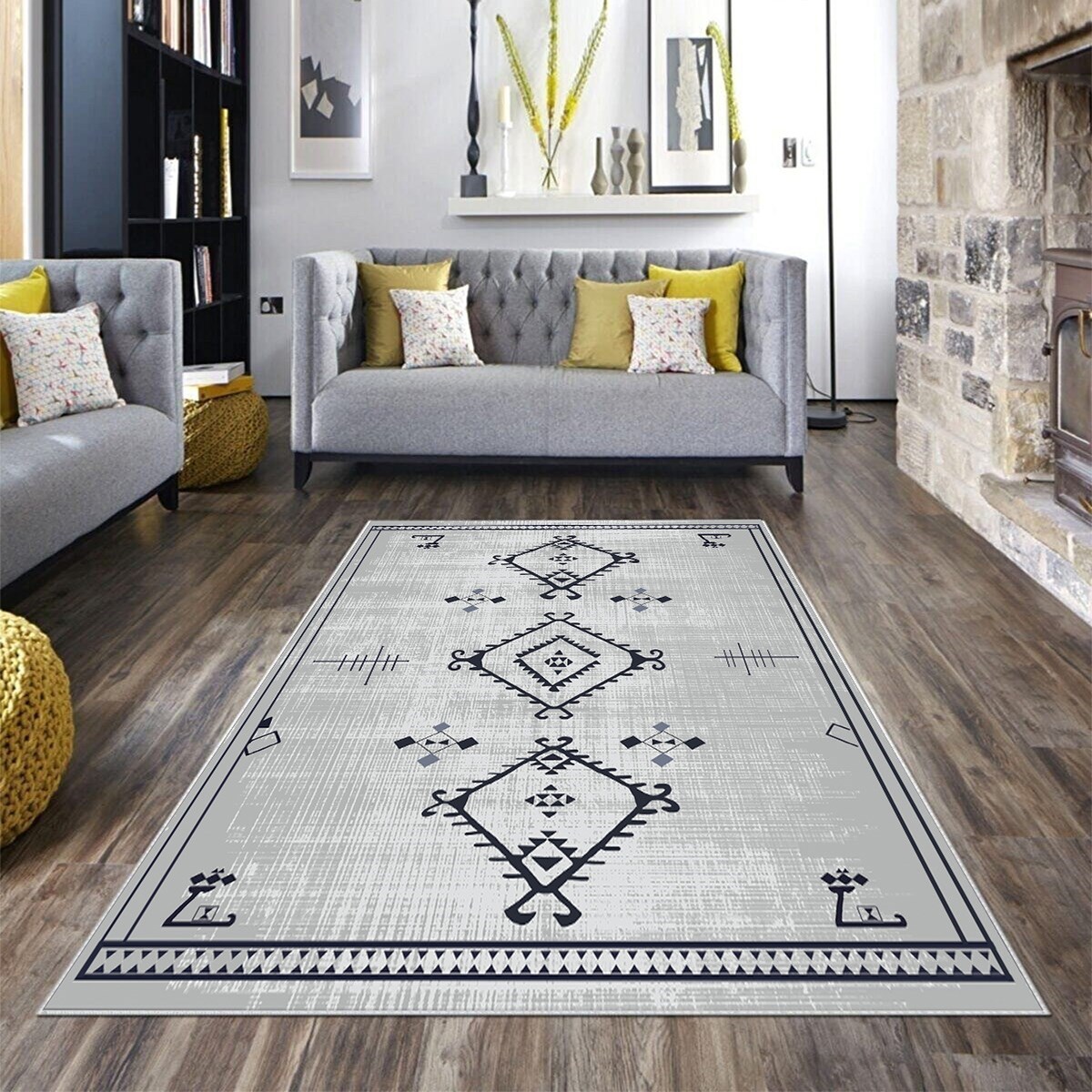 Bohem Etnik Kilim Desen Yıkanabilir Kaymaz Taban Leke Tutmaz Modern Salon Halısı ve Yolluk