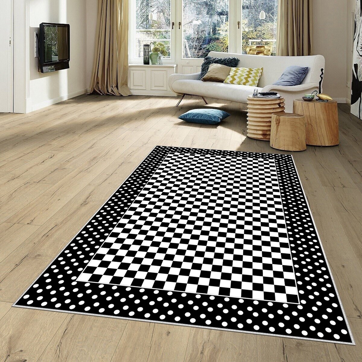 Siyah Dama Desenli Yıkanabilir Kaymaz Taban Leke Tutmaz Modern Salon Halısı ve Yolluk