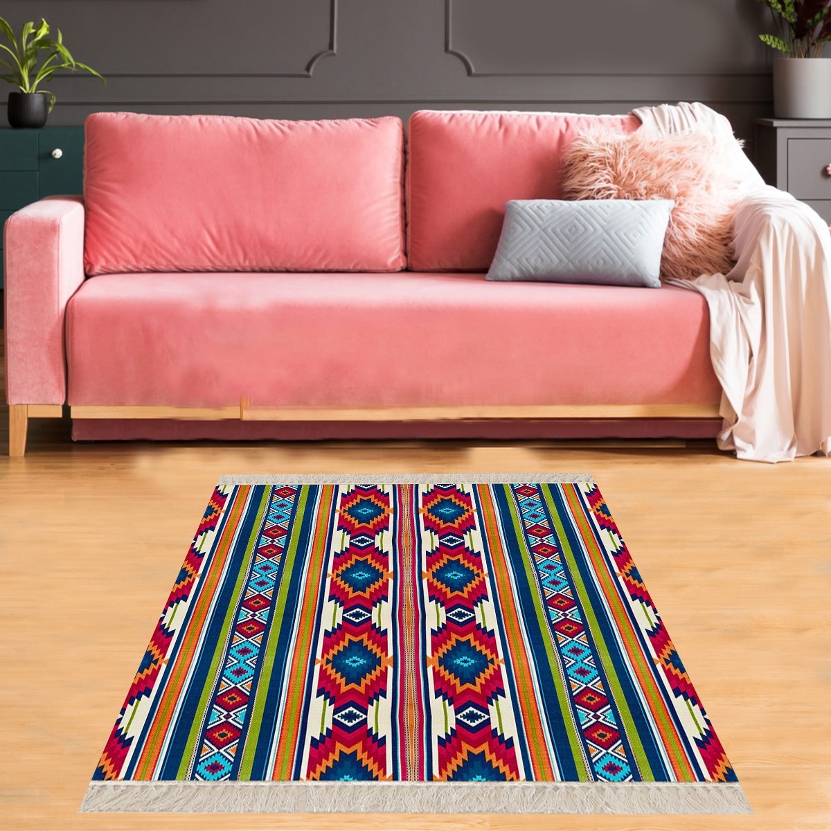 Kilim Desenli Etnik Dijital Baskı Yıkanabilir Kaymaz Taban Modern Salon Halı ve Yolluk