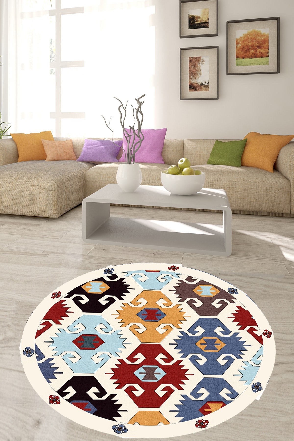 Otantik Kilim Desenli Etnik Dijital Baskı Yıkanabilir Modern Yuvarlak Salon ve Hol Halısı