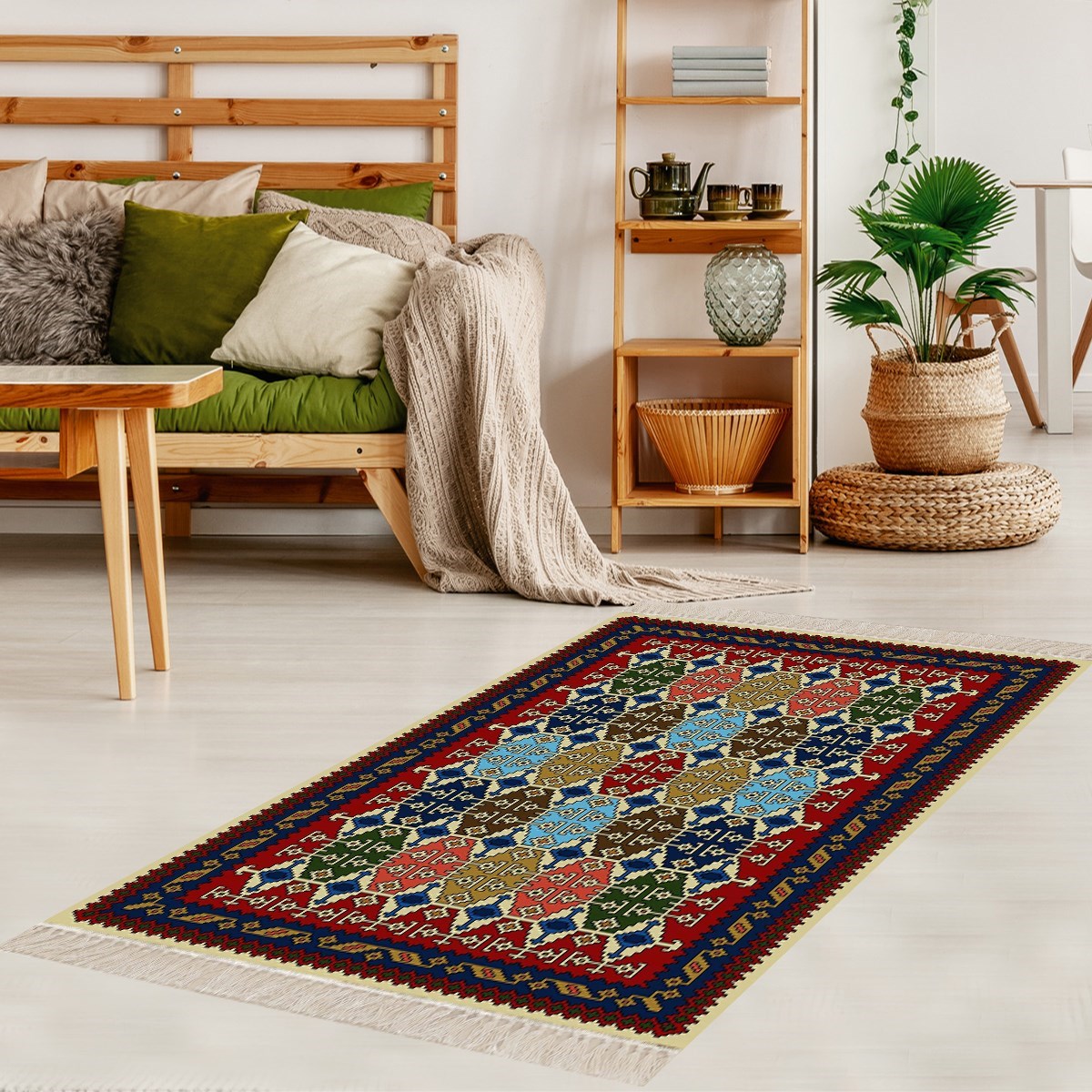 Kilim Desenli Etnik Dijital Baskı Yıkanabilir Kaymaz Taban Modern Salon Halı ve Yolluk