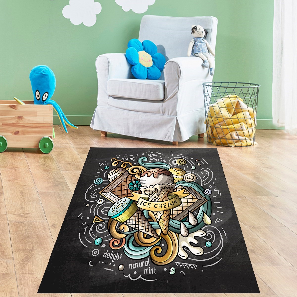 Dondurma İce Cream Desen Dijital Baskı Yıkanabilir Kaymaz Taban Yıkanabilir Çocuk Odası Halısı
