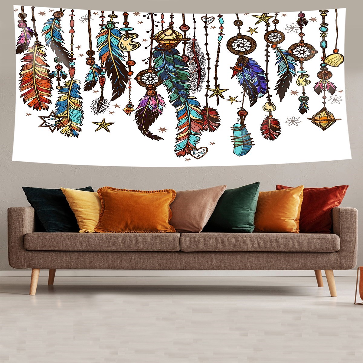 Dream Catcher Bohem Kuş Tüyü Leke Tutmaz Kadife Dokulu Kumaş Duvar Örtüsü Duvar Halısı Tapestry