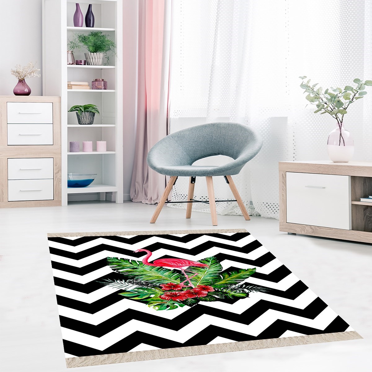 Flamingo Zigzag Desenli Etnik Dijital Baskı Yıkanabilir Modern Salon Halı ve Yolluk