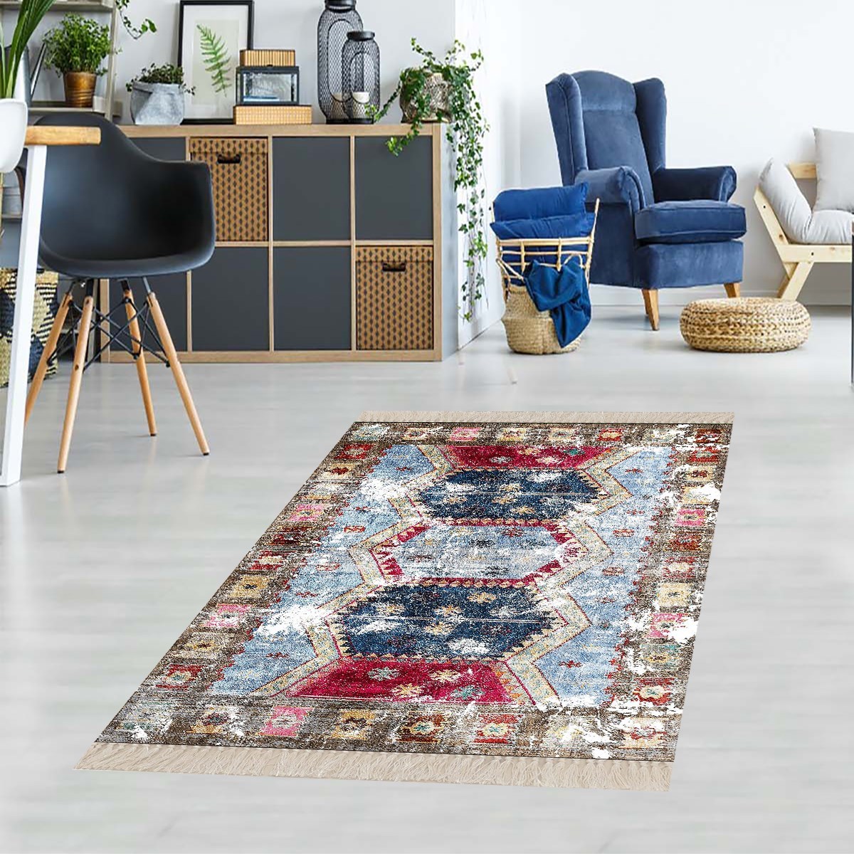 Kilim Desenli Etnik Dijital Baskı Yıkanabilir Kaymaz Taban Eskitme Salon Halı ve Yolluk