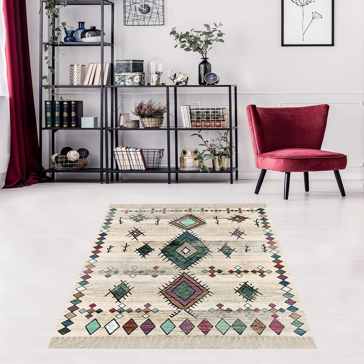 Kilim Desenli Etnik Dijital Baskı Yıkanabilir Kaymaz Taban Modern Salon Halı ve Yolluk 