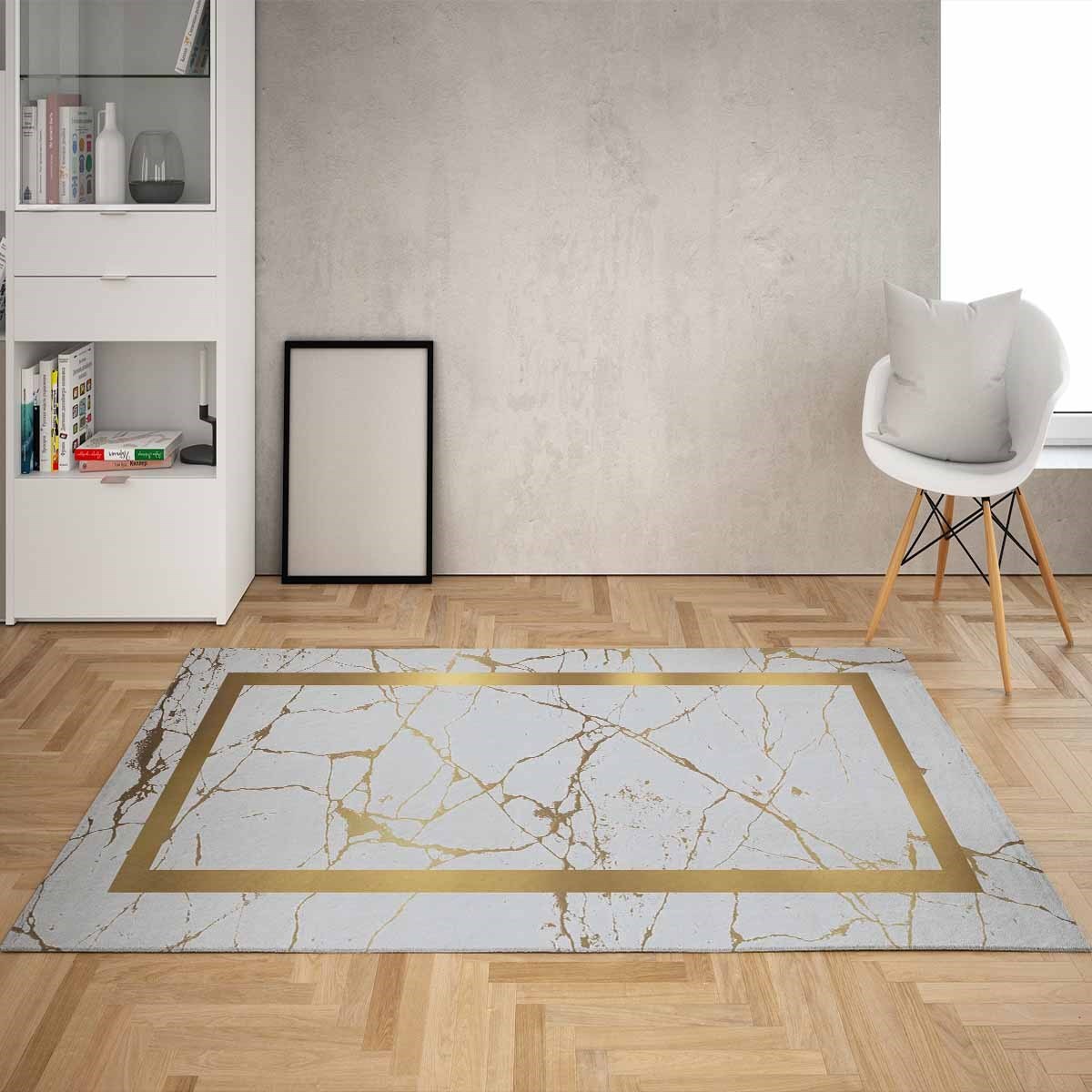 Mermer Desenli Yıkanabilir Kaymaz Taban Leke Tutmaz Modern Salon Halısı ve Yollu (GriGold)