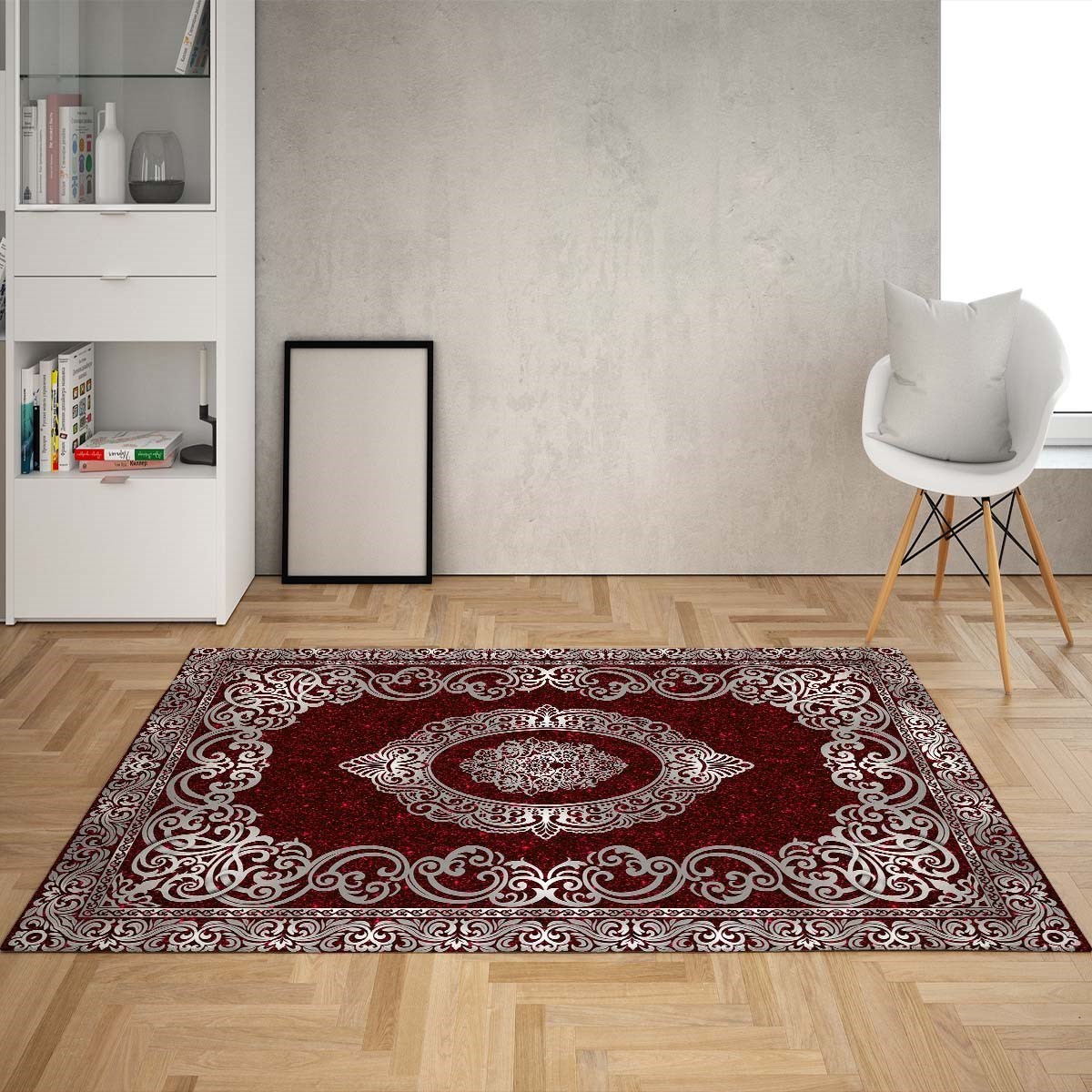 Osmanlı Motifler Desenli Dijital Baskı Yıkanabilir Kaymaz Taban Klasik Salon Halı ve Yolluk (Bordo)