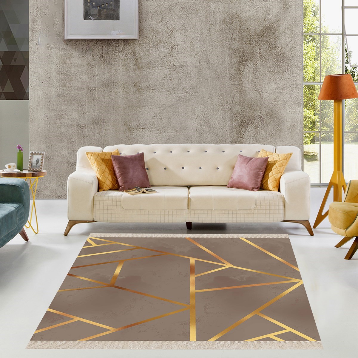 Gold Çizgili Geometrik Desenli Dijital Baskı Yıkanabilir Modern Salon Halı ve Yolluk (Vizon)