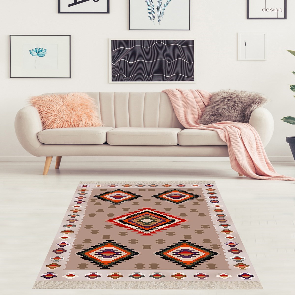 Kilim Desenli Etnik Dijital Baskı Yıkanabilir Kaymaz Taban Modern Salon Halı ve Yolluk 