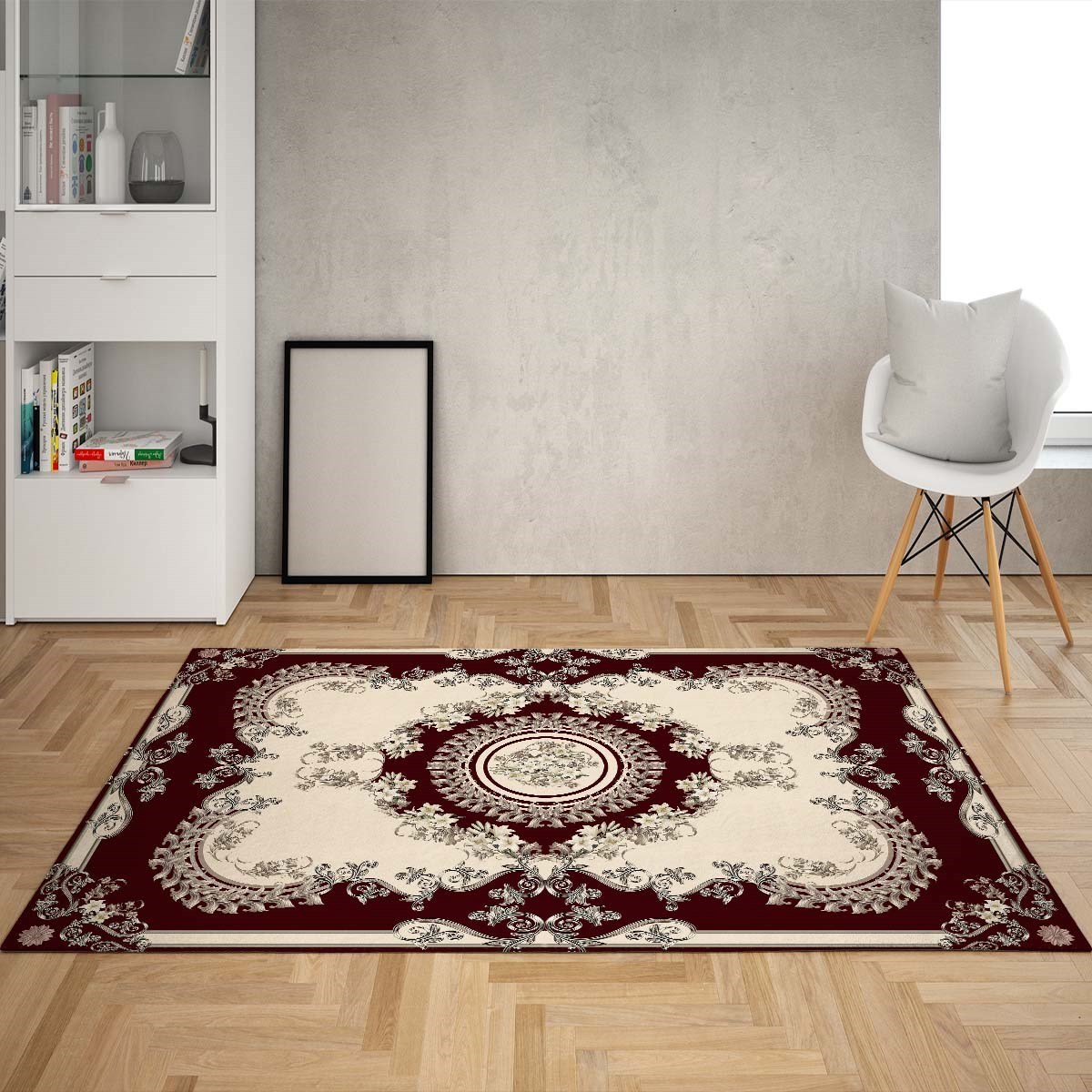 Osmanlı Motifler Desenli Etnik Dijital Baskı Yıkanabilir Kaymaz Taban Salon Halı ve Yolluk (Bordo)