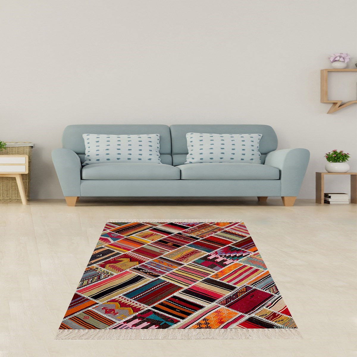 Kilim Desenli Renk Bloklu Etnik Dijital Baskı Yıkanabilir Kaymaz Taban Modern Salon Halı ve Yolluk 