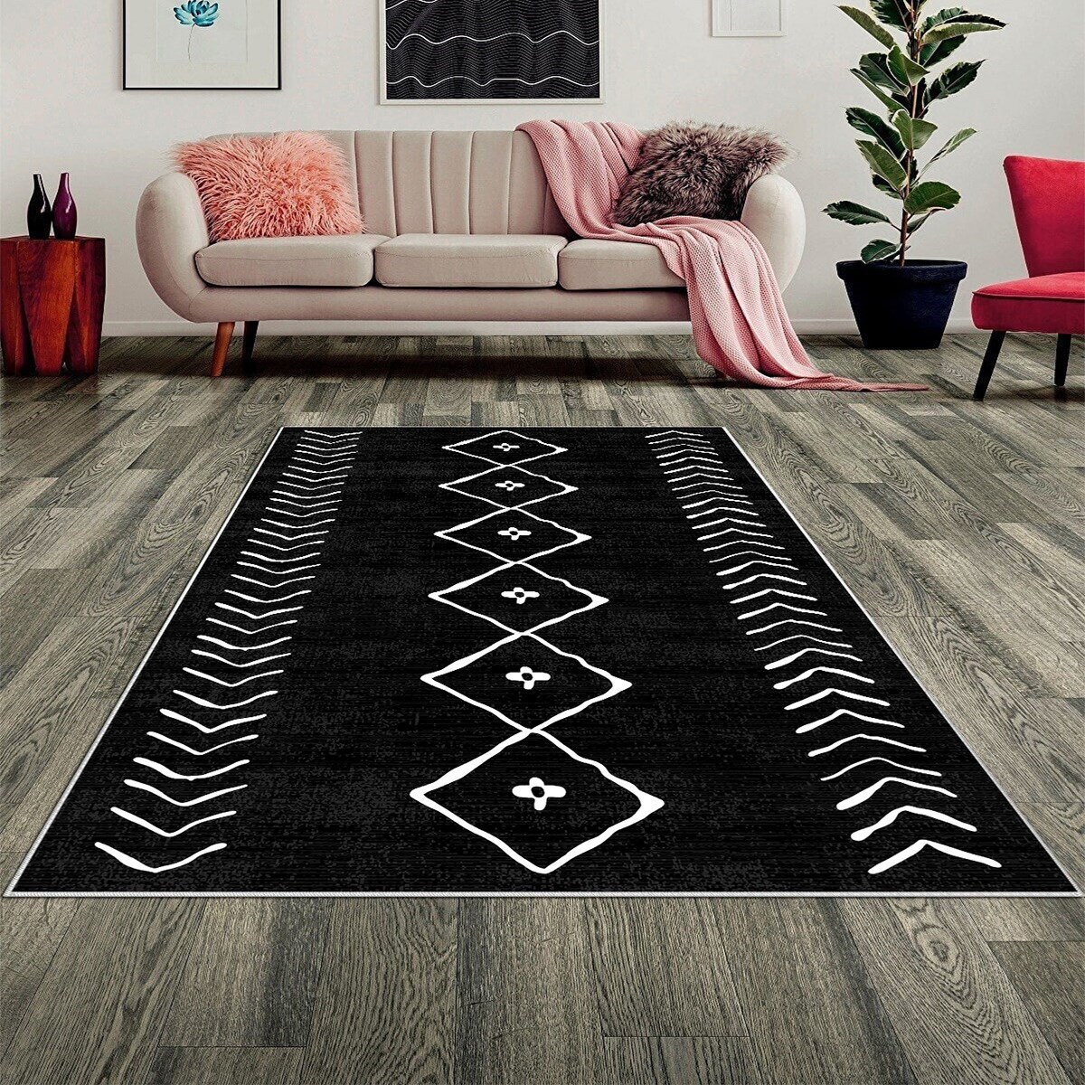 Çizgi Bohem Etnik Kilim Desen Dijital Baskı Yıkanabilir Kaymaz Taban Modern Salon Halısı ve Yolluk