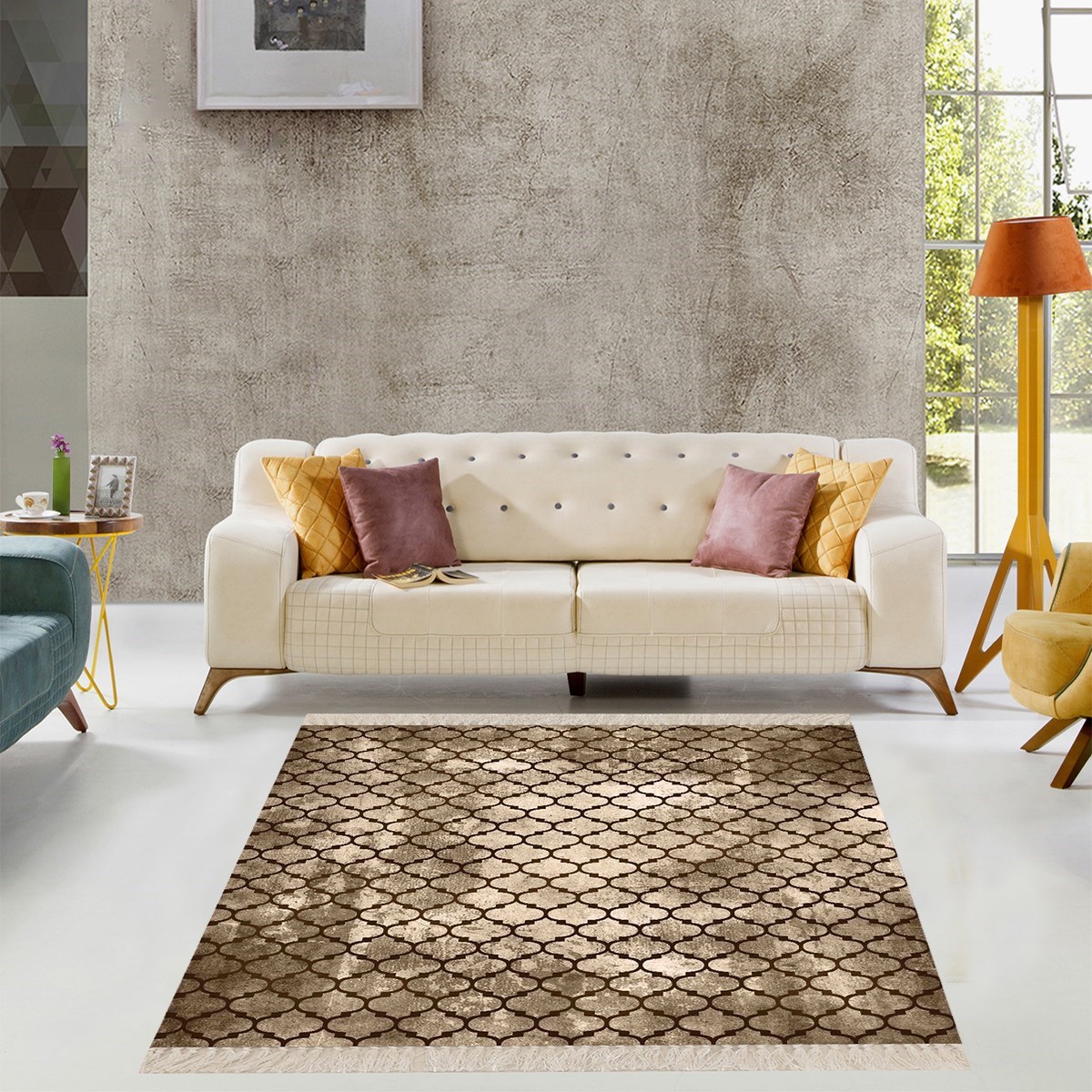 Geometrik Desenli Osmanlı Motif Dijital Baskı Yıkanabilir Kaymaz Taban Kilim Model Salon Halısı