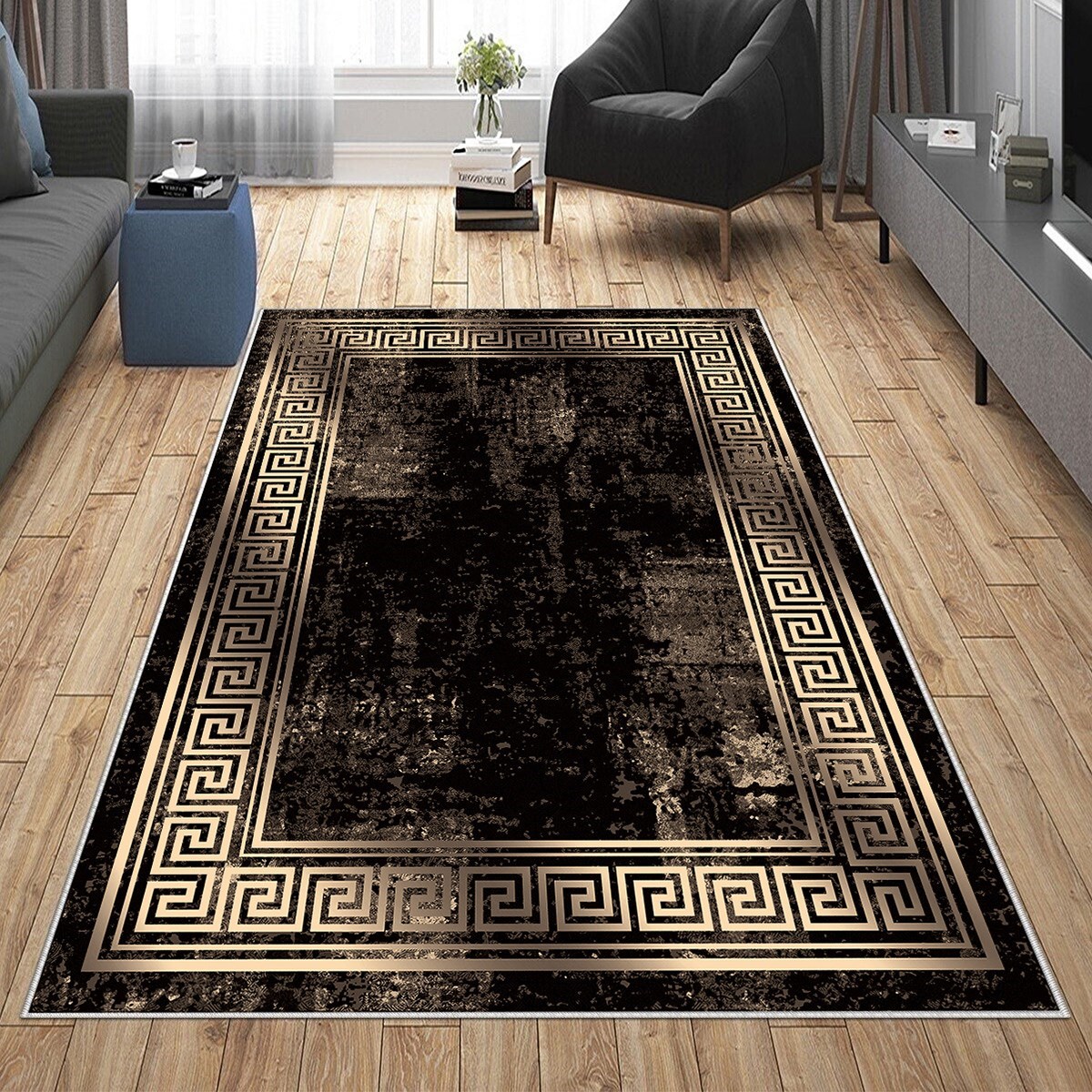 Siyah Gold Detaylı Yıkanabilir Kaymaz Taban Leke Tutmaz Modern Salon Halısı ve Yolluk