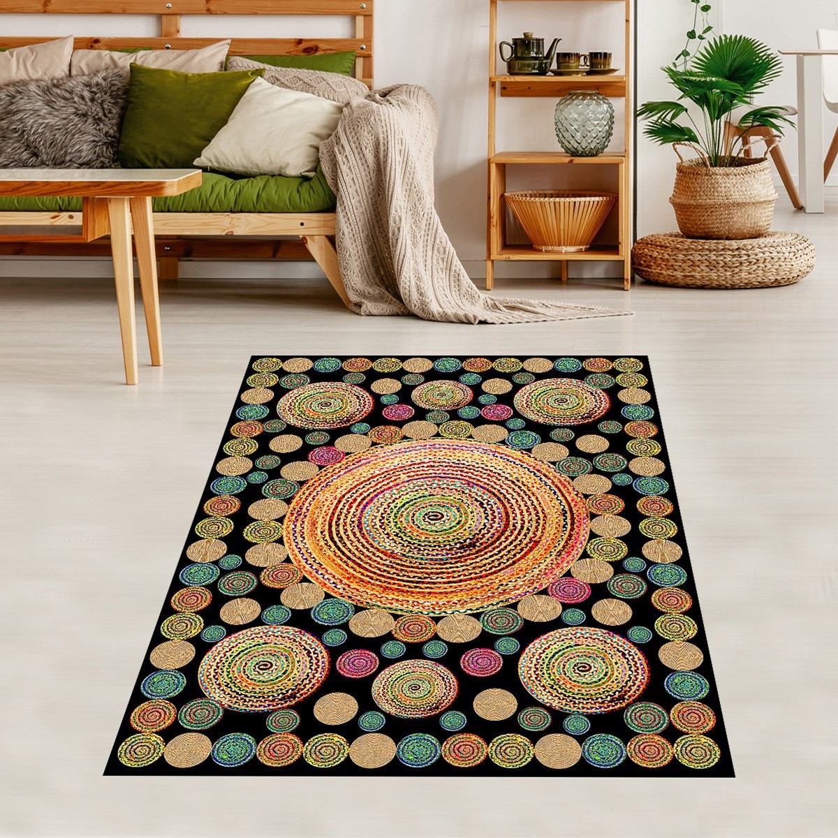 Jüt Hasır Kilim Görünümlü Dijital Baskılı Kaymaz Taban Yıkanabilir Modern Salon Halısı ve Yolluk