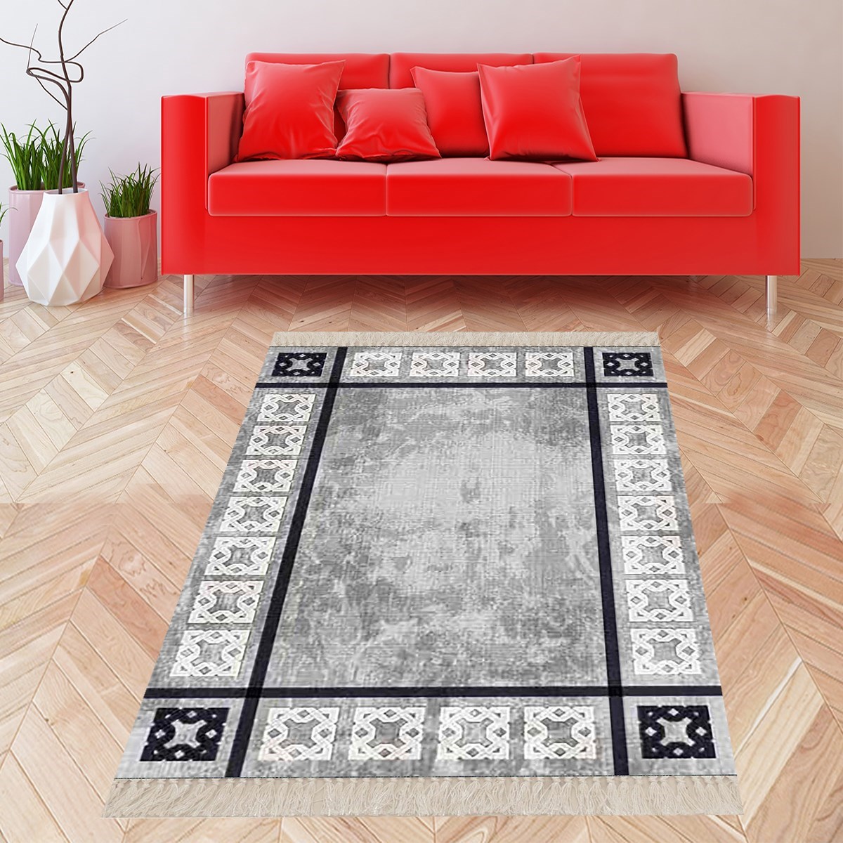 Geometrik Çerçeve Desenli Çerçeveli Dijital Baskı Yıkanabilir Kaymaz Taban Modern Salon Halısı (Gri)